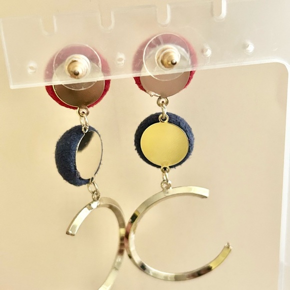 Statement Red & Navy Ball Drop Earrings with Open Gold Hoop Design - Picture 2 of 4